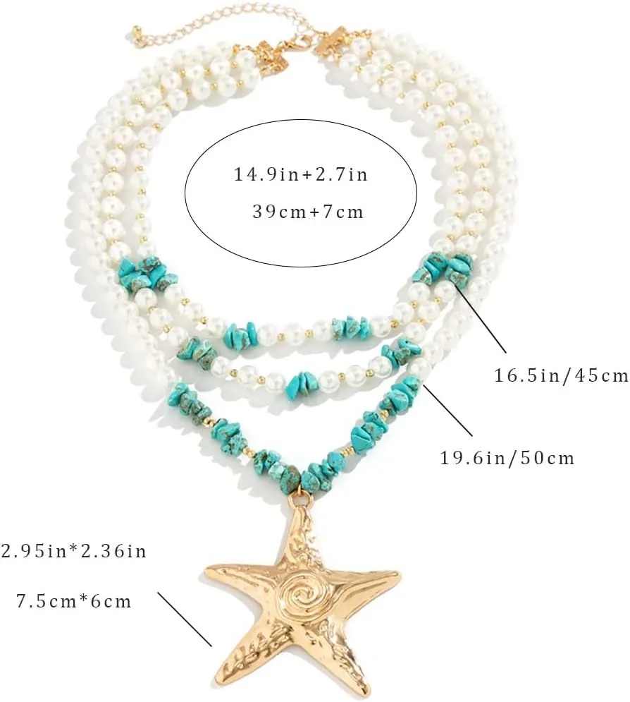 Big Starfish Layered Pendant Necklace for Women Turquoise Pearl Wrap Necklace Jewelry Boho Long Necklace Chain