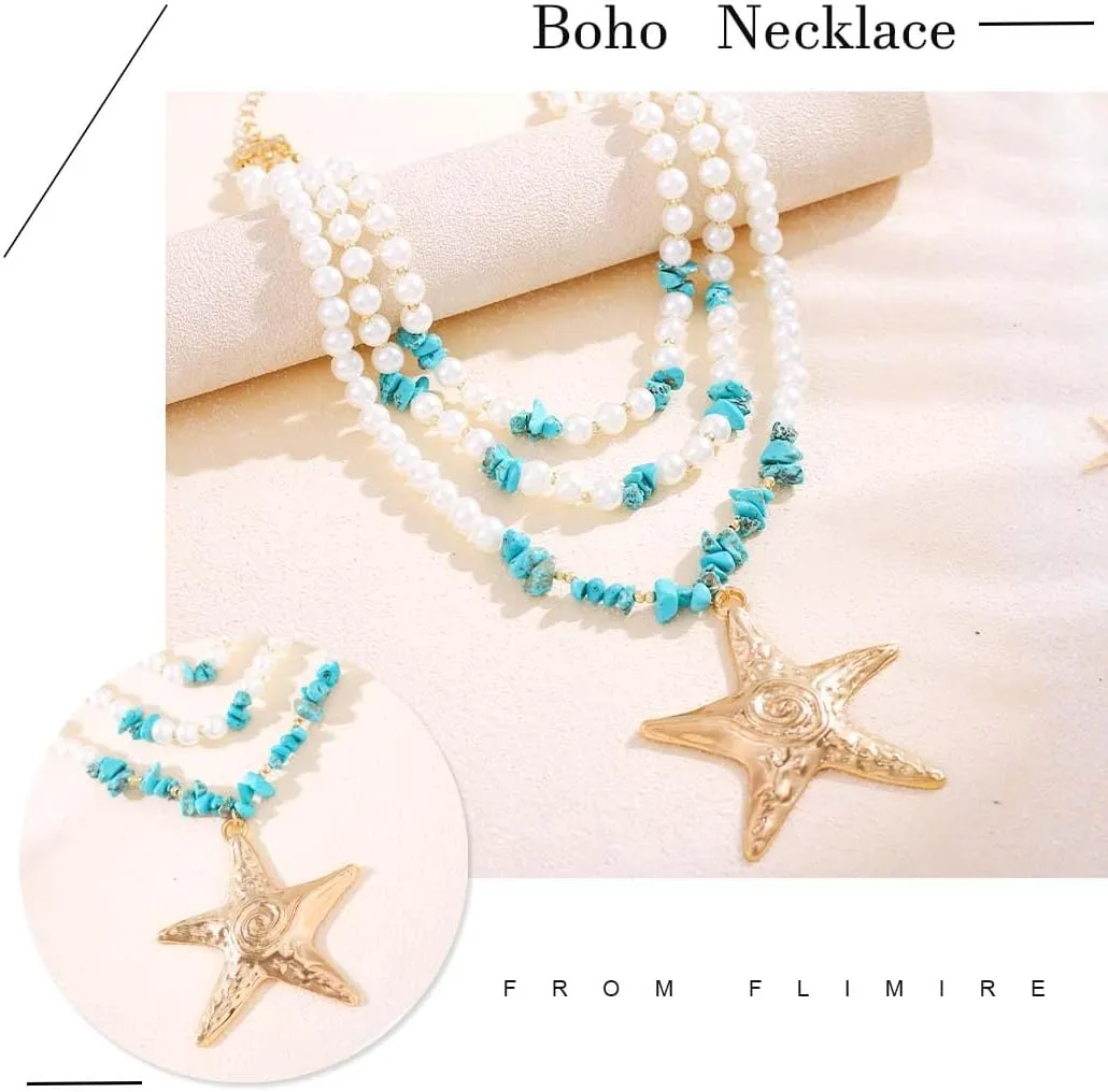 Big Starfish Layered Pendant Necklace for Women Turquoise Pearl Wrap Necklace Jewelry Boho Long Necklace Chain