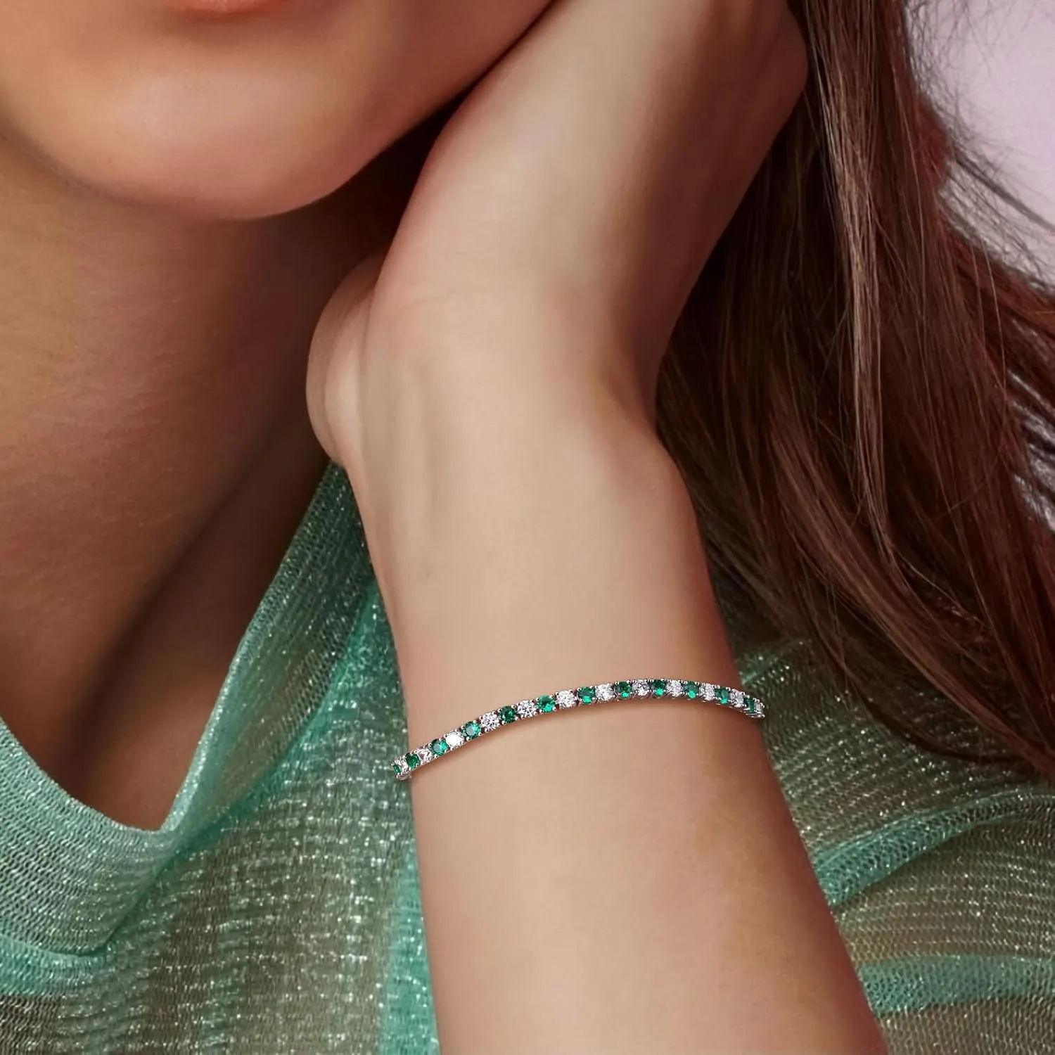 Birthstone Tennis Bracelets Sterling Silver 3.5mm 5a Cubic Zirconia Amethyst, Aquamarine, Emerald, Ruby, Peridot or Blue Sapphire Tennis Bracelet for Women with Toggle Clasp, 7.25"