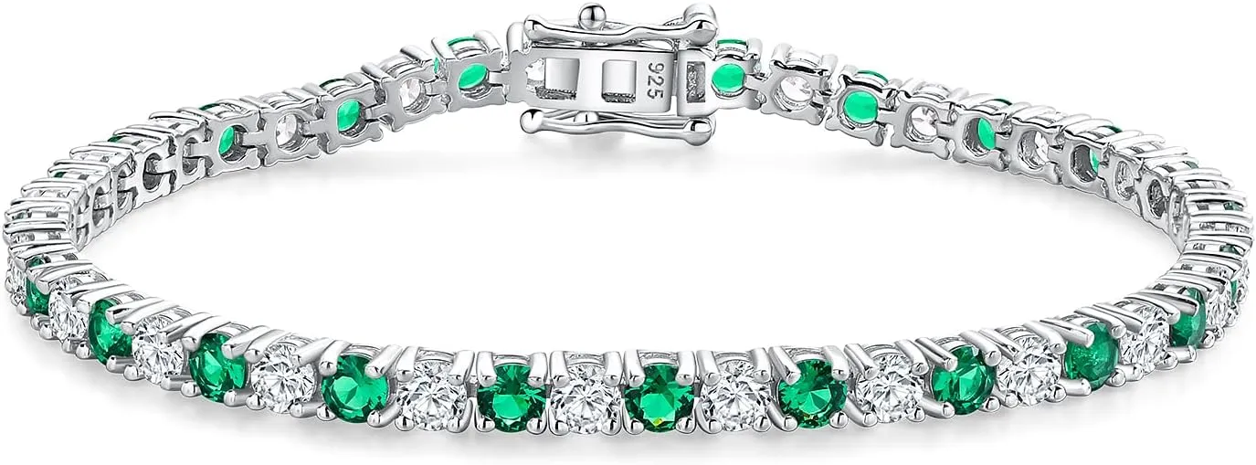 Birthstone Tennis Bracelets Sterling Silver 3.5mm 5a Cubic Zirconia Amethyst, Aquamarine, Emerald, Ruby, Peridot or Blue Sapphire Tennis Bracelet for Women with Toggle Clasp, 7.25"