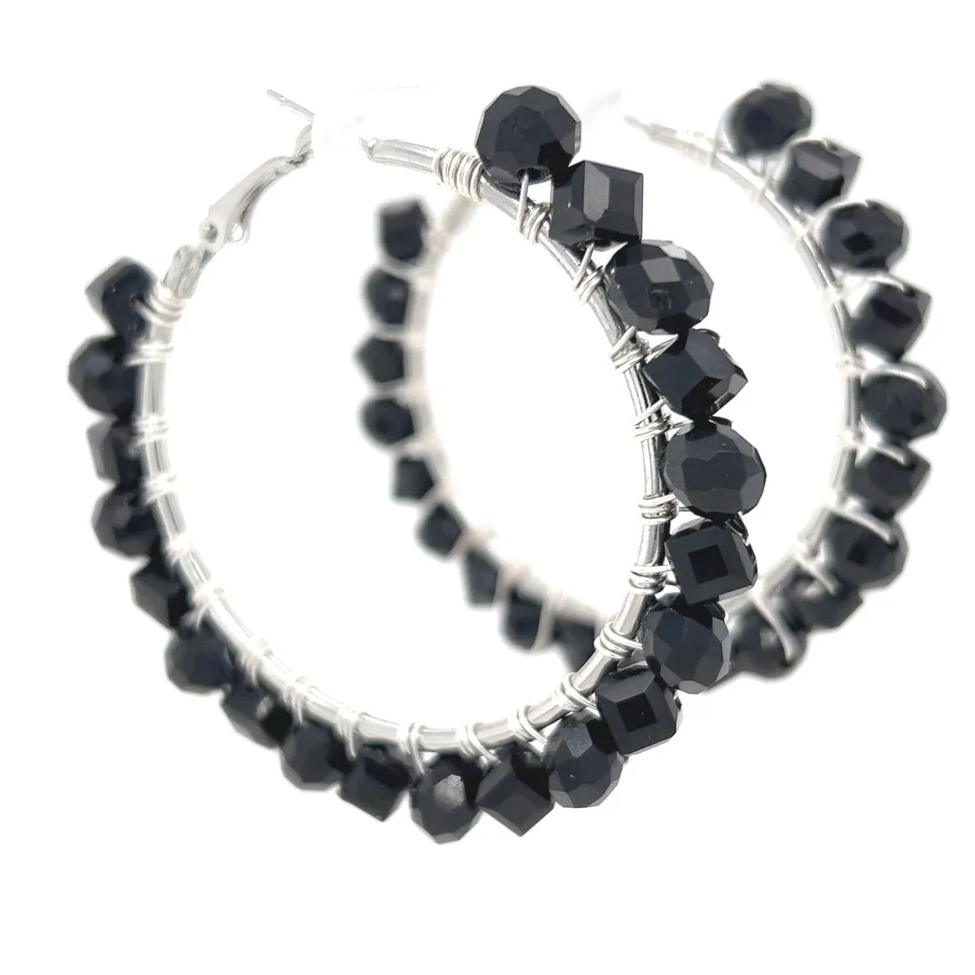 Black Beaded Silver Hoop Earrings Large