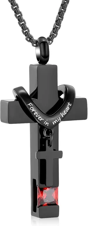 Black Cross Urn Necklace For Ashes Of Loved Ones With Birthstone Always In My Heart Cremation Jewelry Keepsake Pendant Women Men