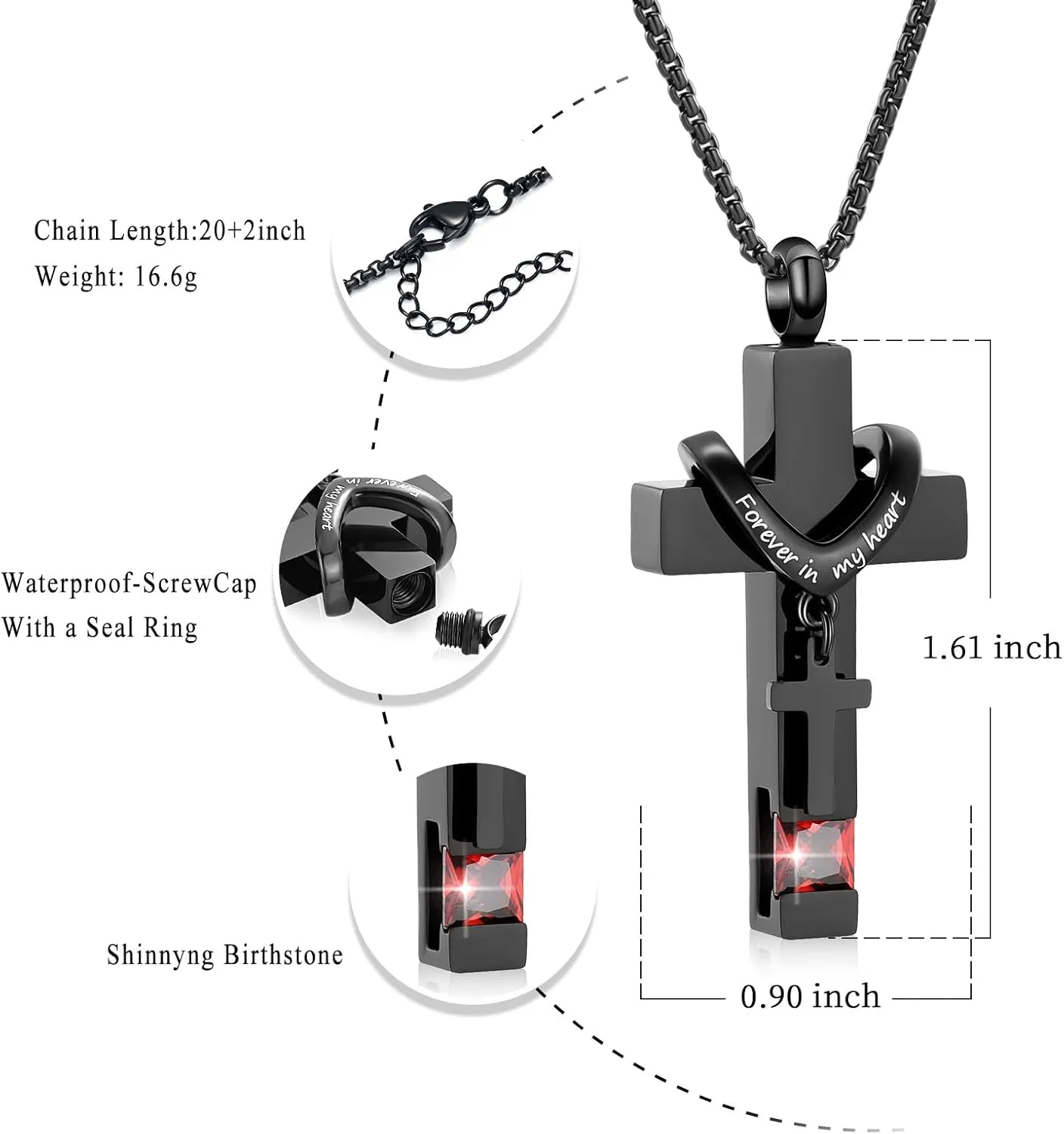 Black Cross Urn Necklace For Ashes Of Loved Ones With Birthstone Always In My Heart Cremation Jewelry Keepsake Pendant Women Men