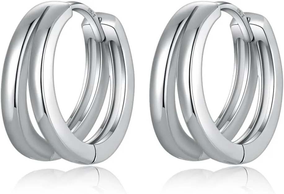 Black Double Hoop Earrings Men 925 Sterling Silver Split Hoop Huggie Earrings for Men and Women Simple Stylish 15MM