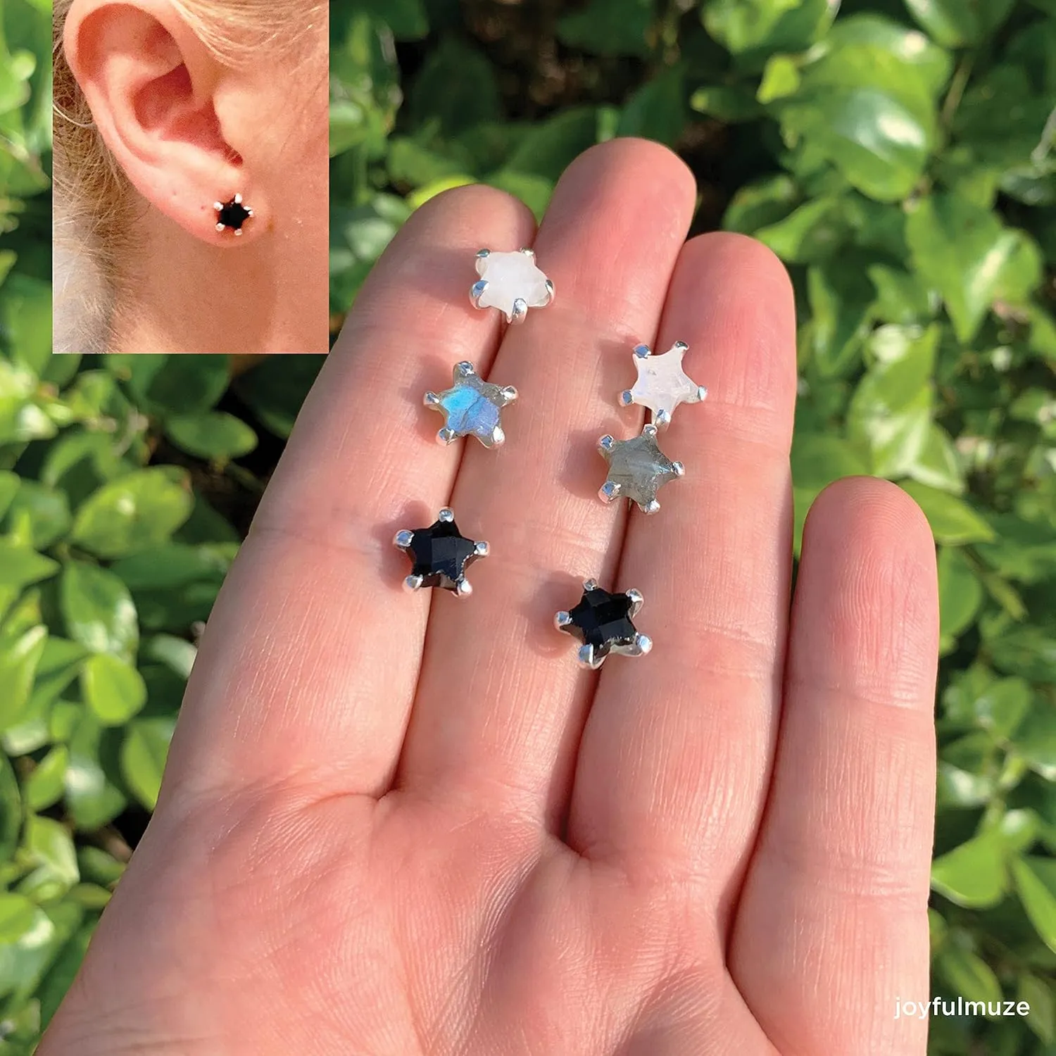 Black Tourmaline Crystal Star Earrings, Handmade Post Back Style Stud, Natural Gemstone Minimal Jewelry, Sterling Silver, Gift for Men, Girls and Women