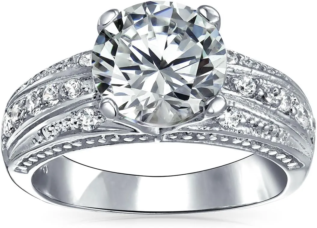 Bling Jewelry Customizable Pink AAA CZ Round Brilliant Cut Solitaire Engagement Ring for Women with .925 Sterling Silver and Created Opal Inlay Wide Band Personalize Unique