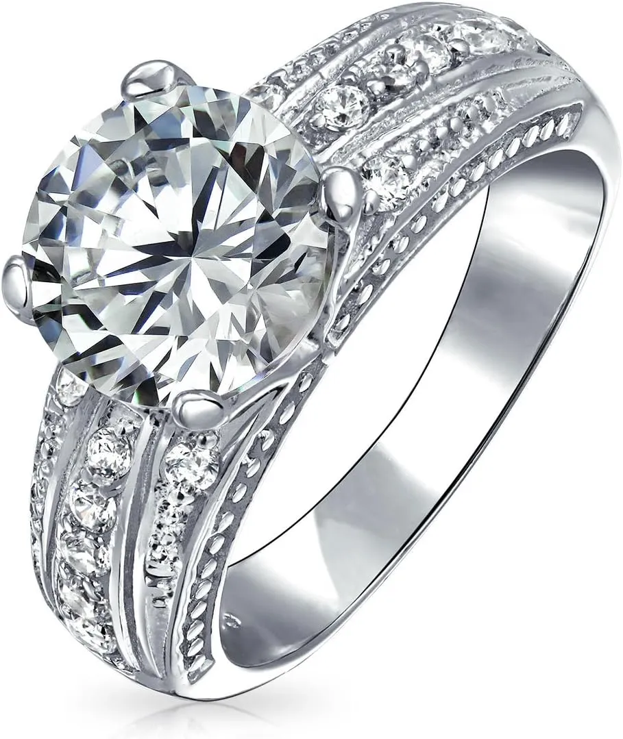 Bling Jewelry Customizable Pink AAA CZ Round Brilliant Cut Solitaire Engagement Ring for Women with .925 Sterling Silver and Created Opal Inlay Wide Band Personalize Unique