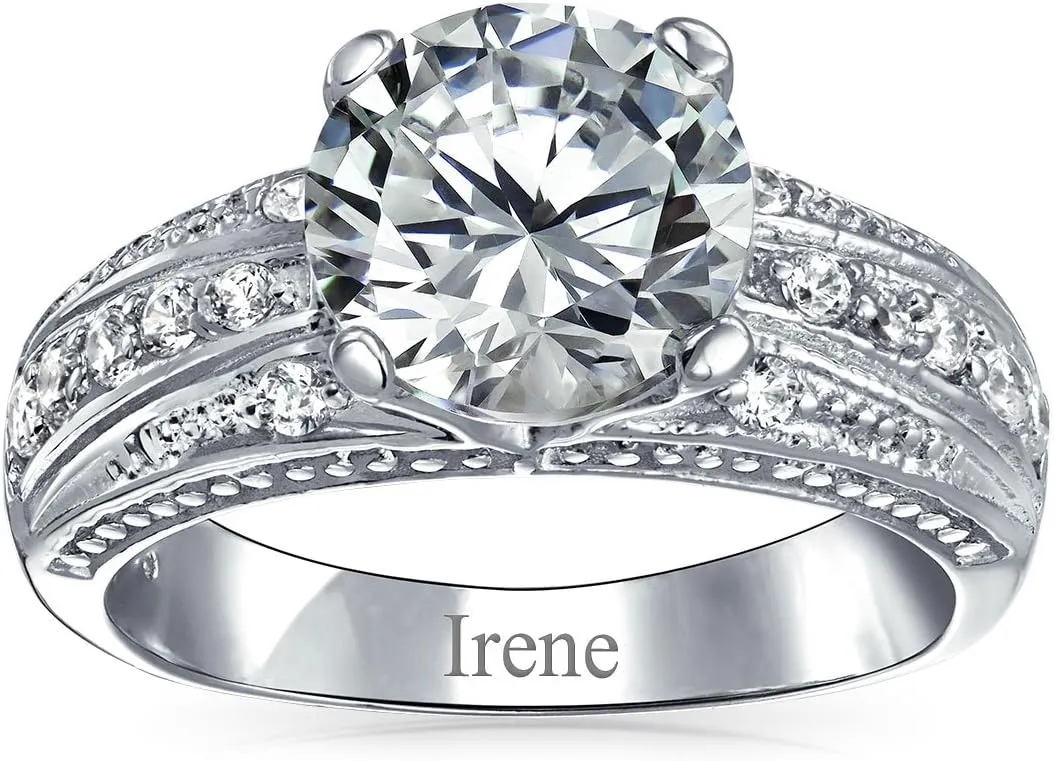 Bling Jewelry Customizable Pink AAA CZ Round Brilliant Cut Solitaire Engagement Ring for Women with .925 Sterling Silver and Created Opal Inlay Wide Band Personalize Unique