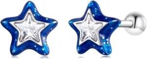 Blue Star Stud Earrings 925 Sterling Silver Shiny Tiny Double-layered Stars Ear Studs Fashion Jewelry for Women