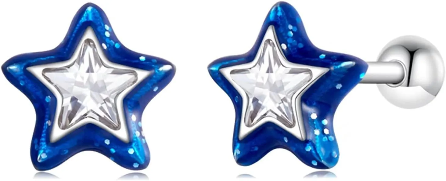 Blue Star Stud Earrings 925 Sterling Silver Shiny Tiny Double-layered Stars Ear Studs Fashion Jewelry for Women