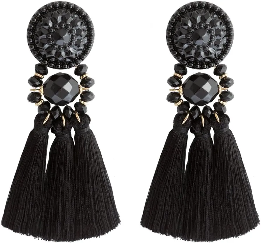 Boderier Black Earrings Bohemian Statement Thread Tassel Chandelier Drop Dangle Earrings with Cassandra Button Stud (Black1)