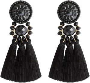 Boderier Black Earrings Bohemian Statement Thread Tassel Chandelier Drop Dangle Earrings with Cassandra Button Stud (Black1)