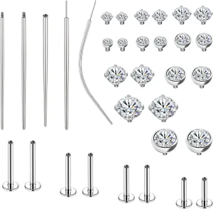 BodyAce 16G Internal Thread Lip Rings with Piercing Taper, Stainless Steel Flat Back Earrings Insertion Pin, CZ Nose Rings Studs Body Piercing Assistant Tool