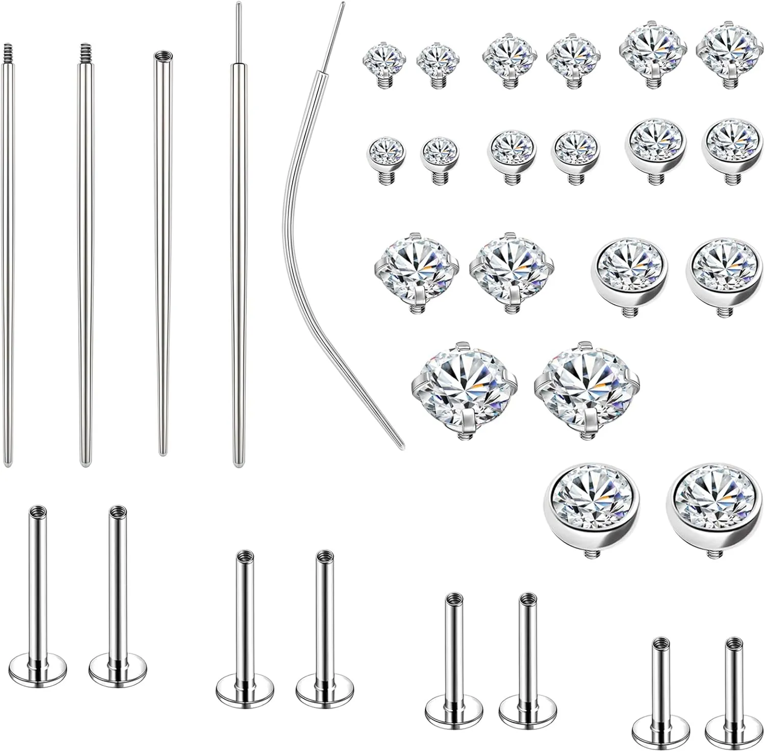 BodyAce 16G Internal Thread Lip Rings with Piercing Taper, Stainless Steel Flat Back Earrings Insertion Pin, CZ Nose Rings Studs Body Piercing Assistant Tool