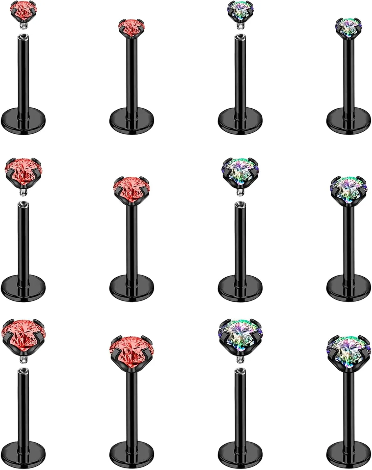 BodyAce Black Red CZ Flat Back Earrings, 16g/18g Halloween Piercing Studs for Nose Lip Labret Medusa Tragus Helix, Surgical Steel Cartilage Jewelry Internal Thread