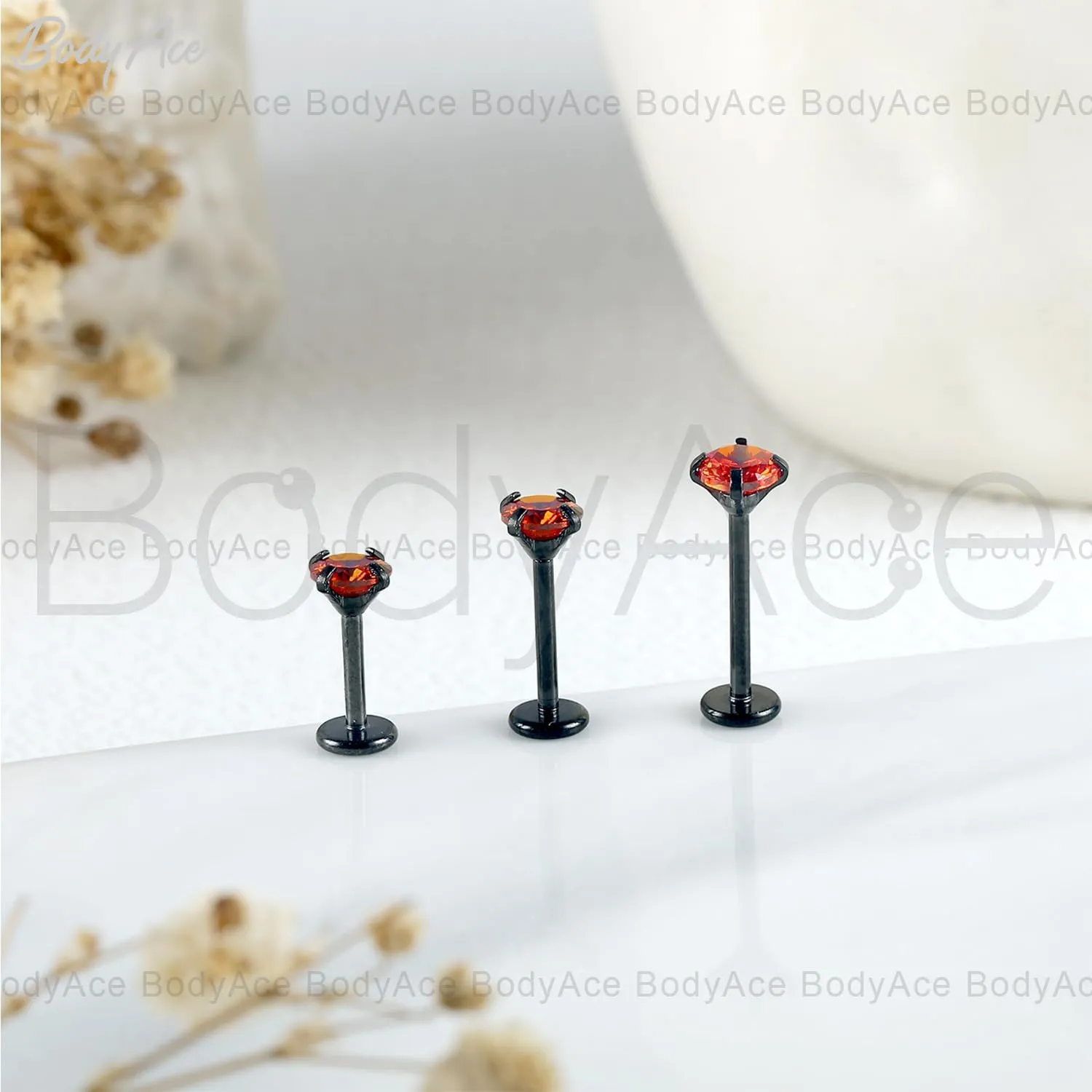 BodyAce Black Red CZ Flat Back Earrings, 16g/18g Halloween Piercing Studs for Nose Lip Labret Medusa Tragus Helix, Surgical Steel Cartilage Jewelry Internal Thread