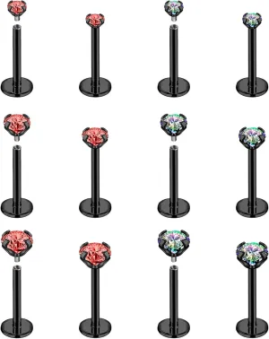 BodyAce Black Red CZ Flat Back Earrings, 16g/18g Halloween Piercing Studs for Nose Lip Labret Medusa Tragus Helix, Surgical Steel Cartilage Jewelry Internal Thread