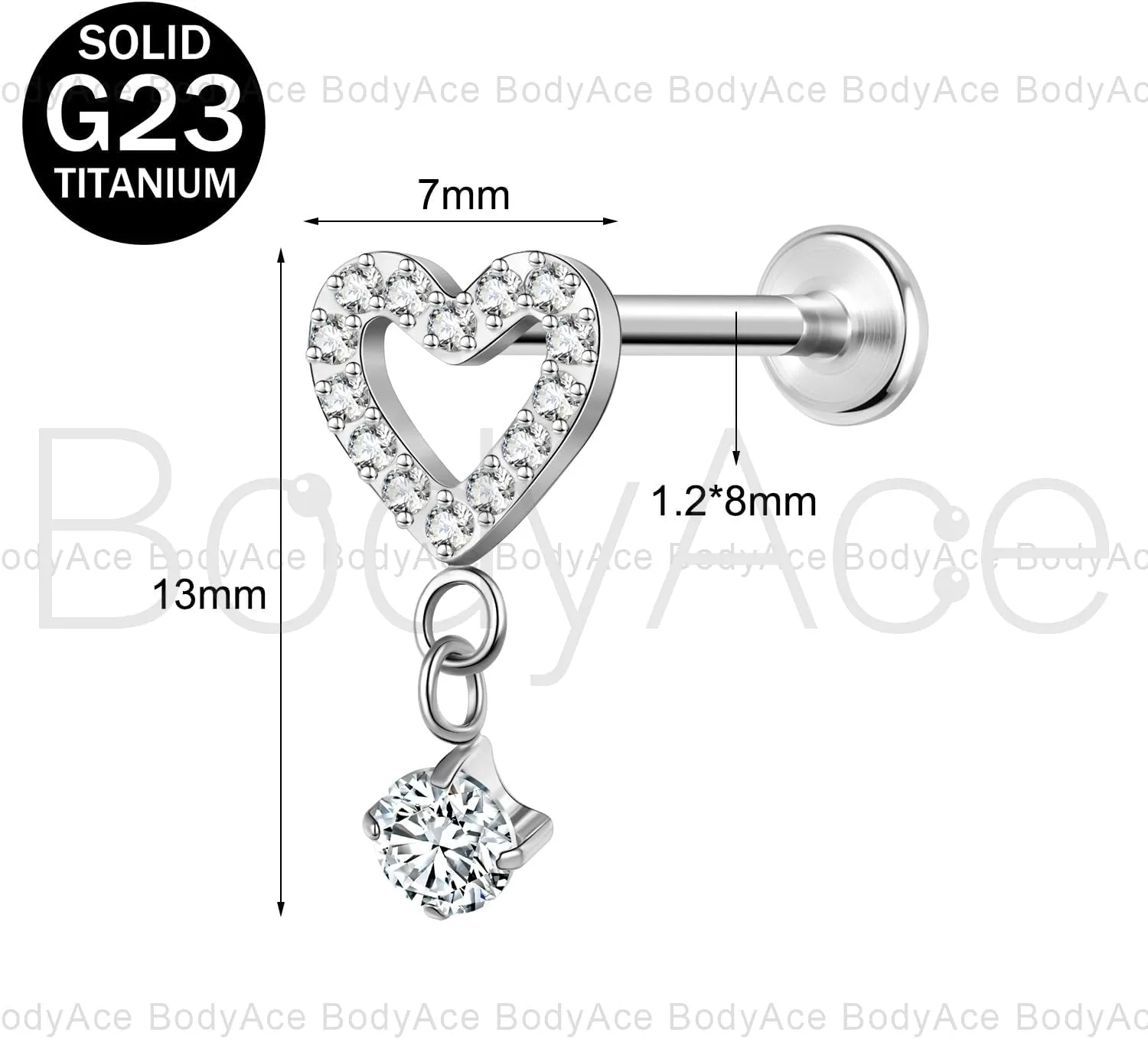 BodyAce F136 Titanium Body Piercing Studs, 16G Flat Back Cartilage Earring Studs with Piercing Taper, Internally Threaded Labret Lip Ring Conch Tragus Stud