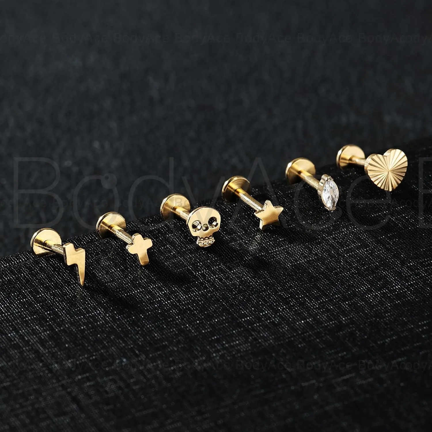 BodyAce Gold F136 Titanium Body Piercing Studs, Internally Threaded Flat Back Cartilage Earring Studs with Piercing Taper, 16G Labret Lip Ring Conch Tragus Stud