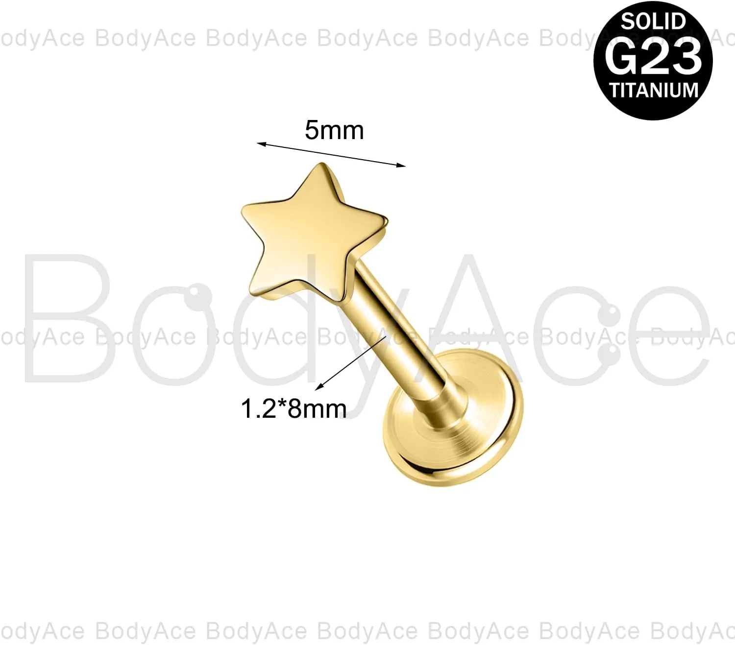 BodyAce Gold F136 Titanium Body Piercing Studs, Internally Threaded Flat Back Cartilage Earring Studs with Piercing Taper, 16G Labret Lip Ring Conch Tragus Stud
