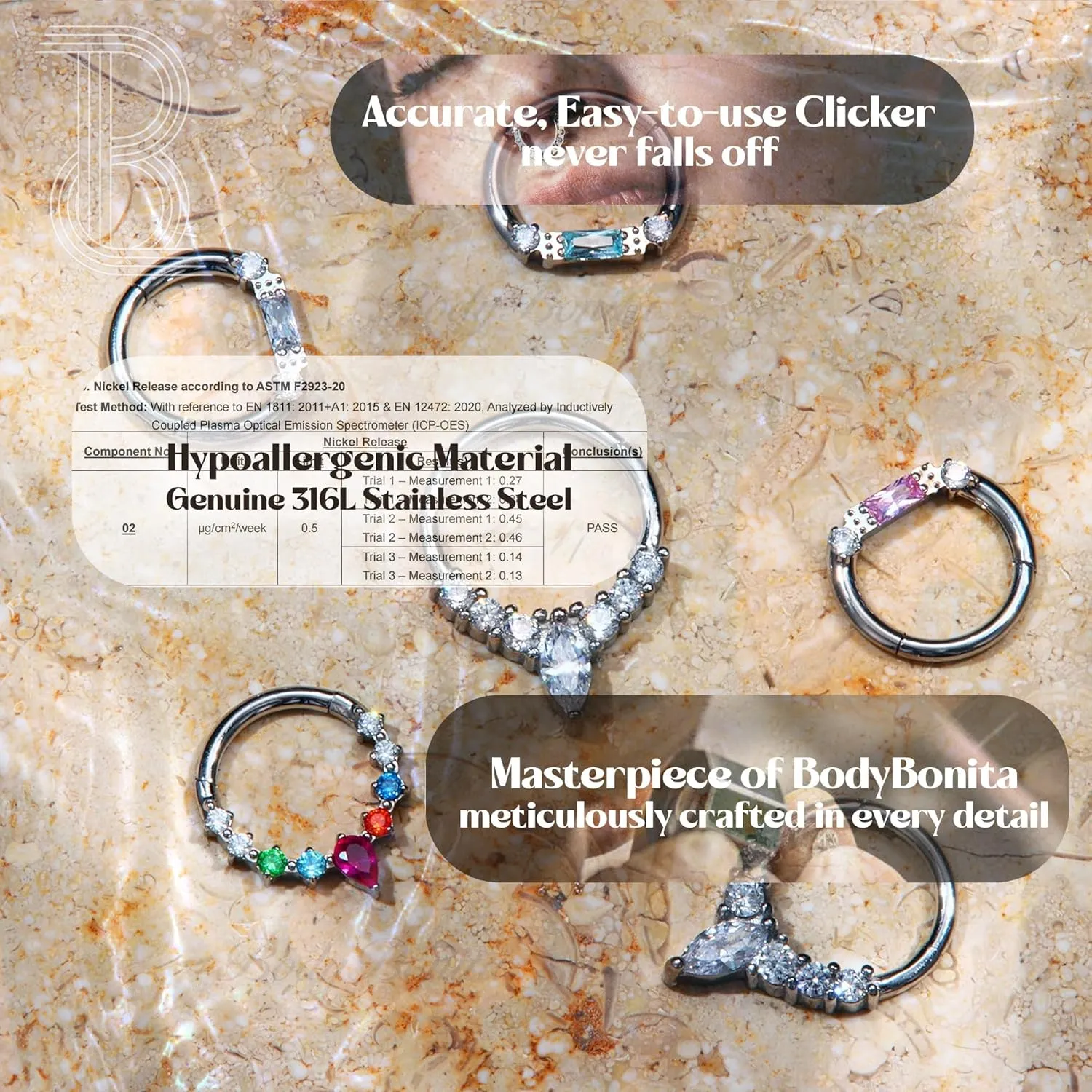BodyBonita 16G Septum Rings Jewelry - Cubic Zirconia Luxe 316L Stainless Steel Hinged Nose Rings Hoops for Women Conch Piercing Jewelry Tragus Daith Helix Earring 14K Gold Plated/Silver 8 mm/10 mm