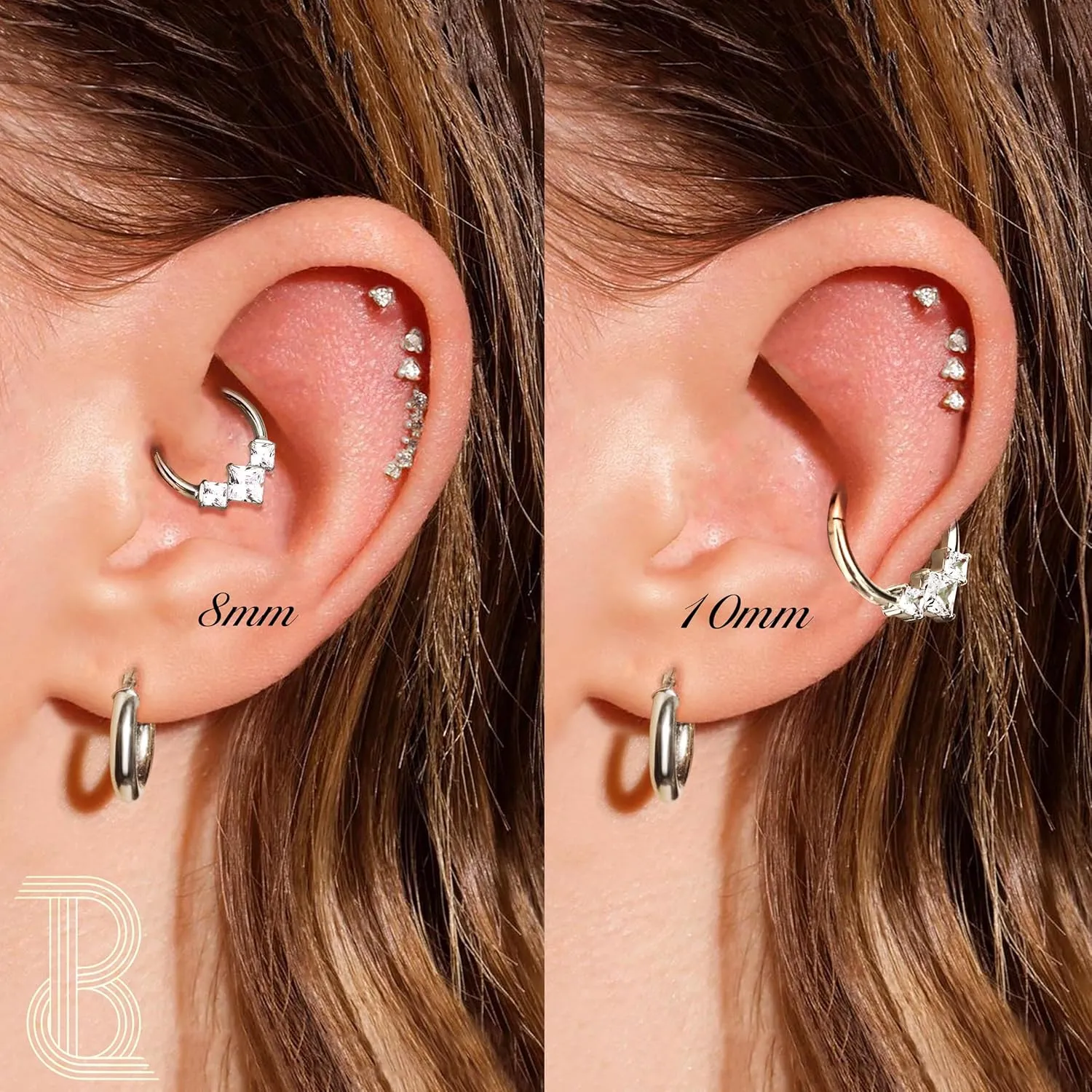 BodyBonita 16G Septum Rings Jewelry - Cubic Zirconia Luxe 316L Stainless Steel Hinged Nose Rings Hoops for Women Conch Piercing Jewelry Tragus Daith Helix Earring 14K Gold Plated/Silver 8 mm/10 mm