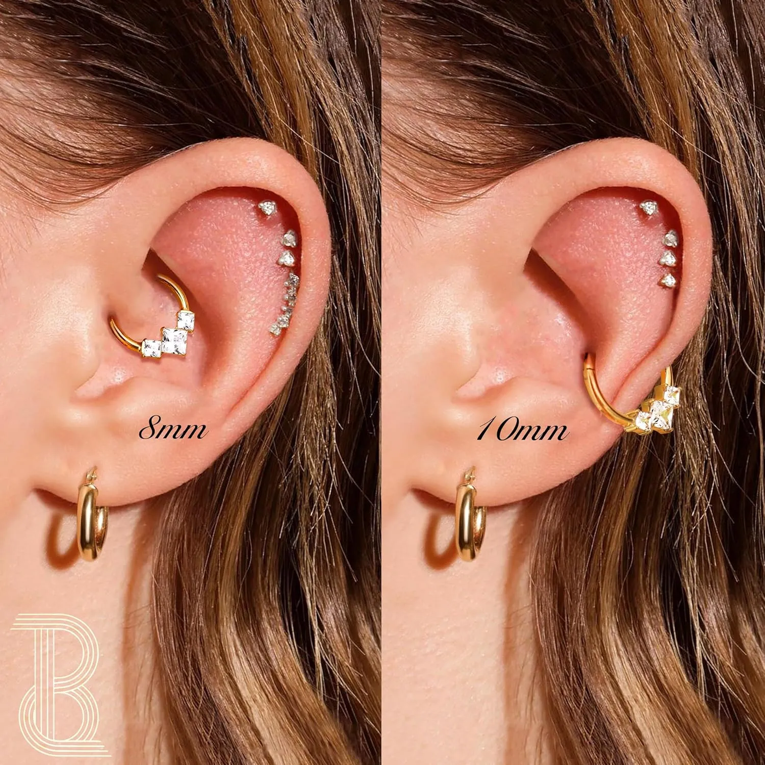 BodyBonita 16G Septum Rings Jewelry - Cubic Zirconia Luxe 316L Stainless Steel Hinged Nose Rings Hoops for Women Conch Piercing Jewelry Tragus Daith Helix Earring 14K Gold Plated/Silver 8 mm/10 mm