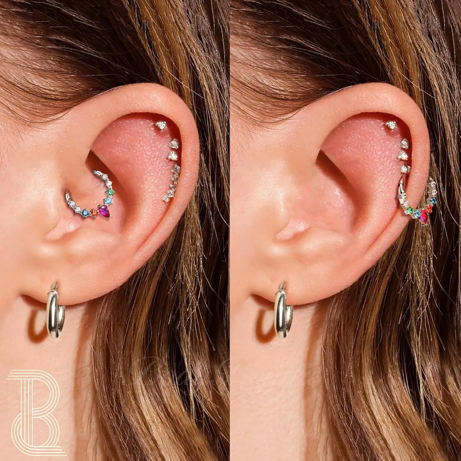 BodyBonita 16G Septum Rings Jewelry - Cubic Zirconia Luxe 316L Stainless Steel Hinged Nose Rings Hoops for Women Conch Piercing Jewelry Tragus Daith Helix Earring 14K Gold Plated/Silver 8 mm/10 mm