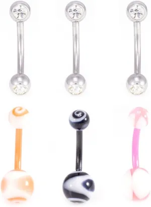 BodyJewelryOnline Belly Button Ring Package of 6 Navel Ring. 3 SUrgical Steel with CZ Gems and 3 Flexi with a unique design. 14G, Surgical Steel