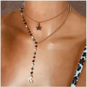 Bohemian Beaded Necklace Y Lariat Layered Star Moon Pendant Gold Jewelry for Women