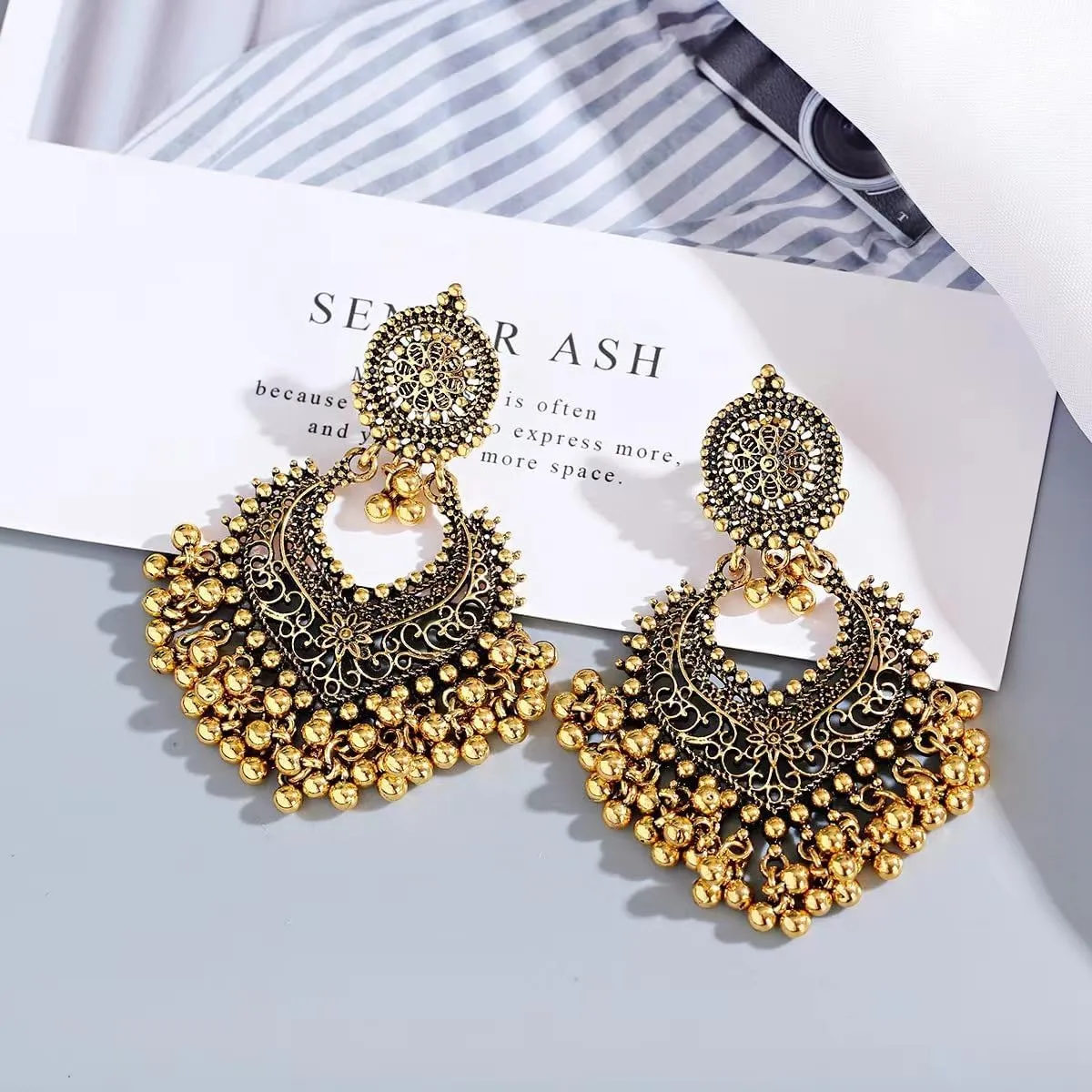 Bohemian Chandelier Earrings for Women Vintage Ball Tassel Statement Earrings Ethnic Style Jhumka Jewelry