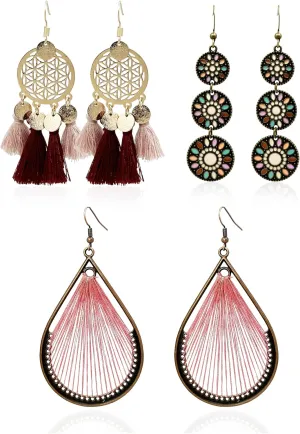 Bohemian Earrings for Women Colorful Vintage Boho Dangle Earrings Hippie earrings Gift for Women Summer Beach Jewelry (Style-A,Red)