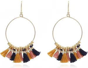 Bohemian Handmade Multi Color Tassel with Yellow Gold Plated Dangle Drop Statement Earrings
