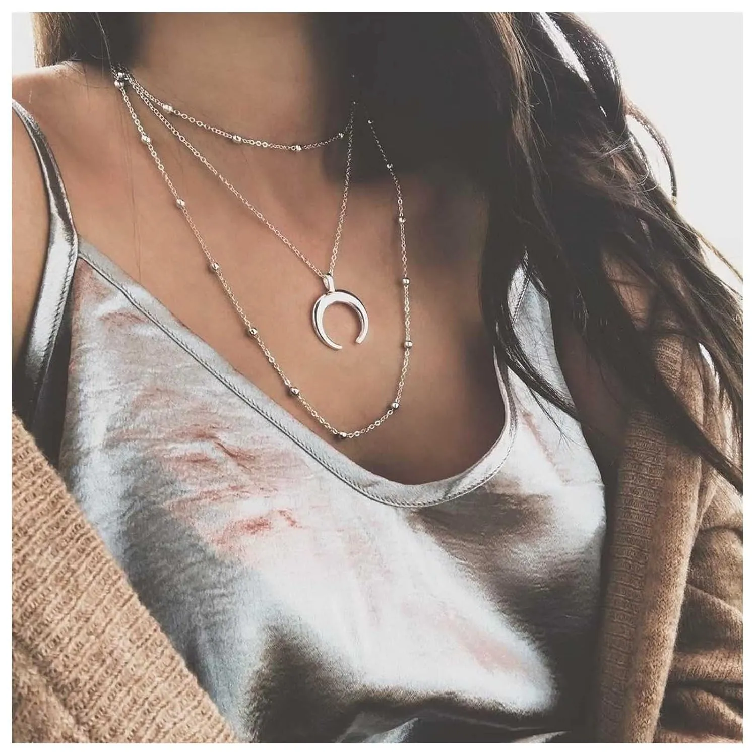 Bohemian Layered Moon Pendant Necklace Silver Crescent Choker Vintage Satellite Chain Necklace Jewelry for Women
