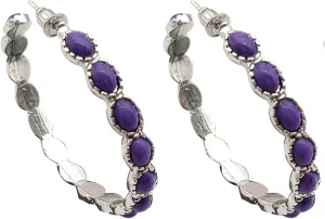 Bohemian Silver-Tone Faux Turquoise Hoop Natural Colorful Stone Drop Dangle Western Cowgirl Retro Statement Earrings Vintage Ethnic Jewelry for Women