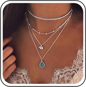 Bohemian Teardrop Turquoise Pendant Necklace - Silver, Blue Stone - Women's Layered Elephant Choker - 20.1 inches