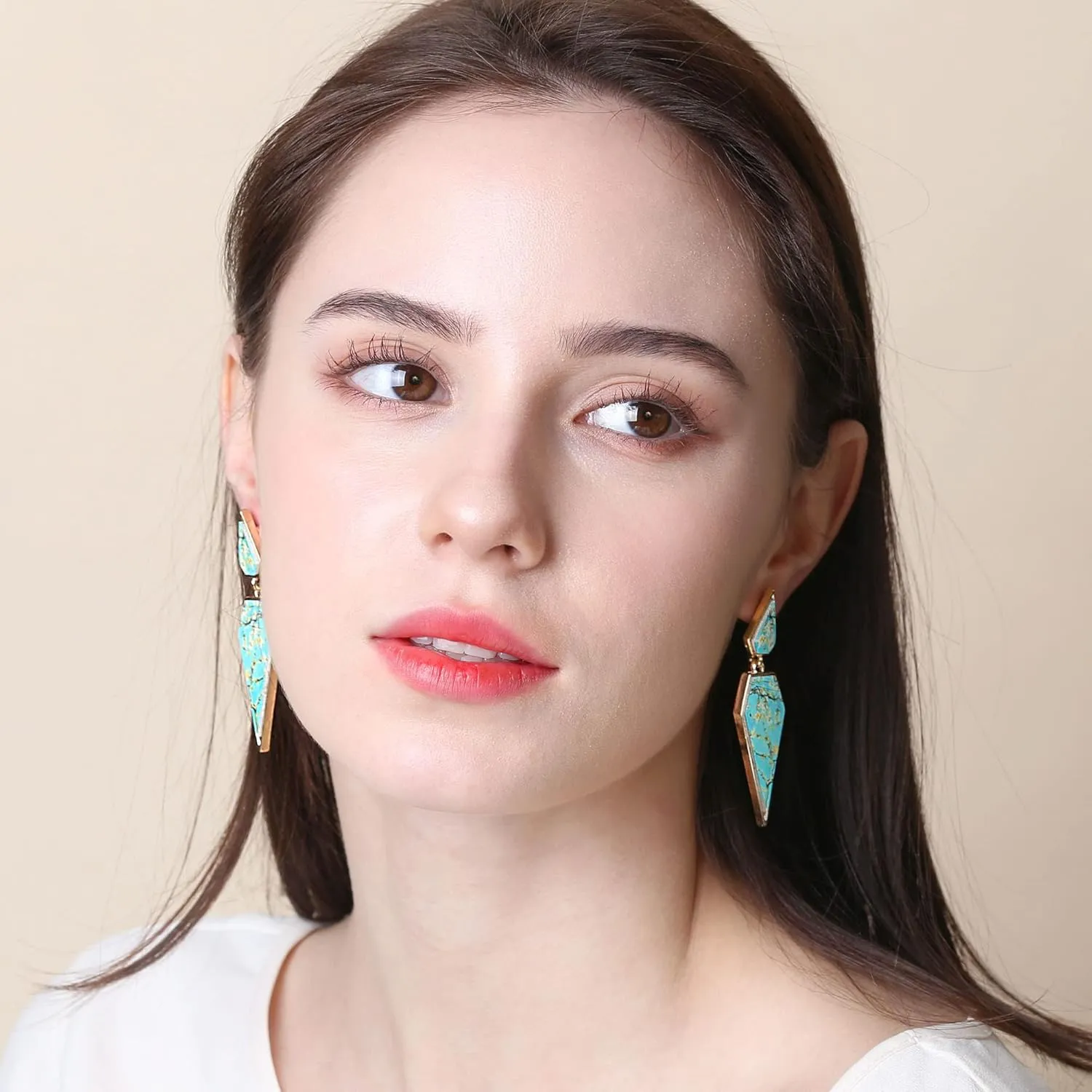 Bohemian Wood And Marble Effect Pentagon Shaped Drop Statement Earrings