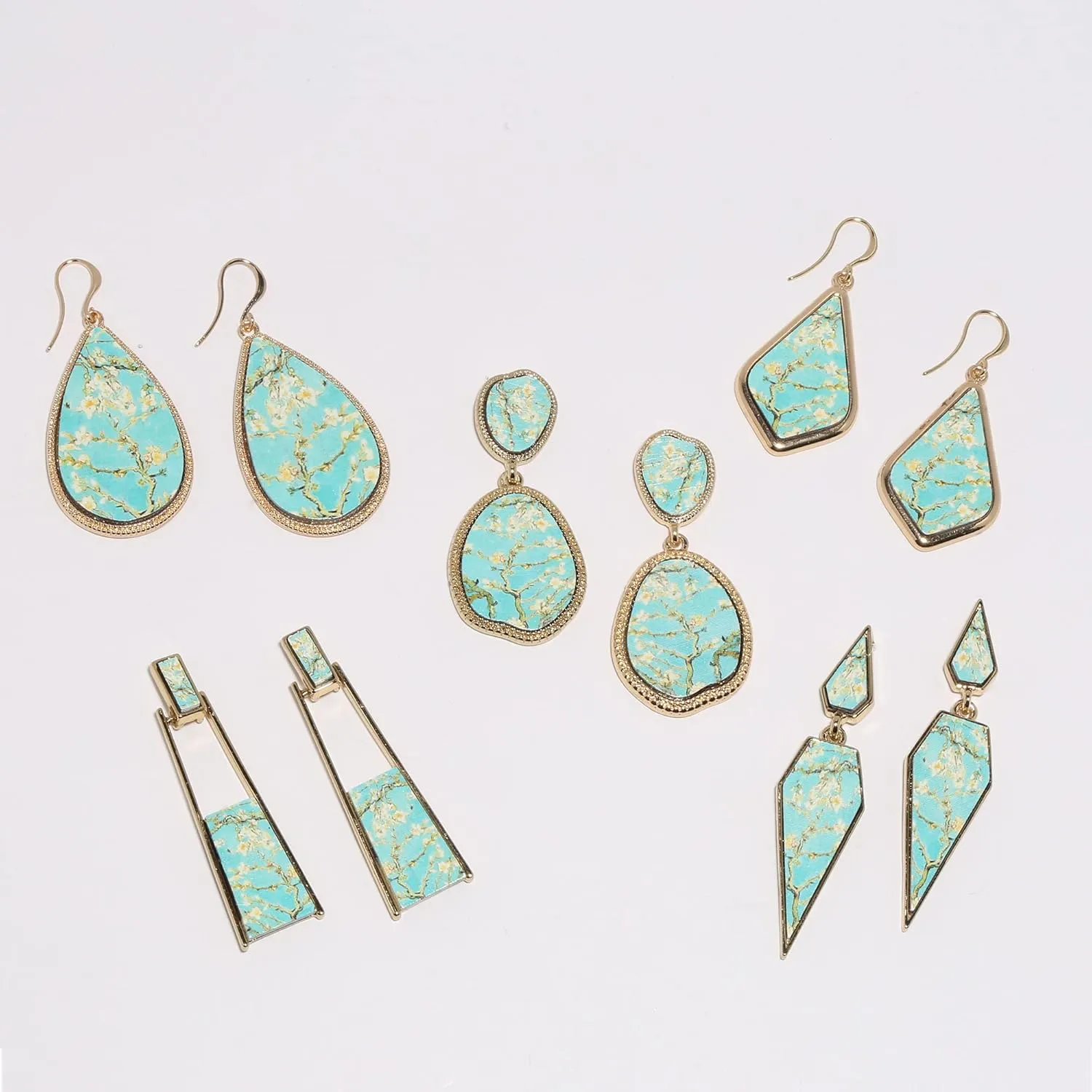 Bohemian Wood And Marble Effect Pentagon Shaped Drop Statement Earrings