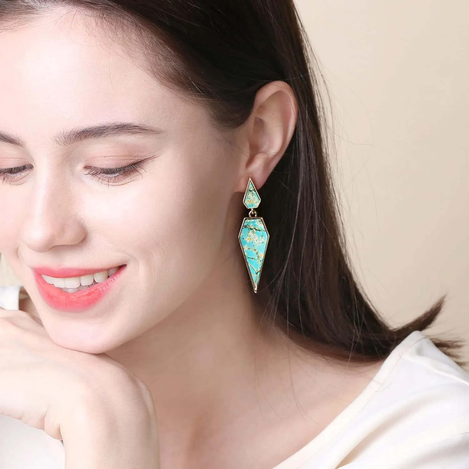 Bohemian Wood And Marble Effect Pentagon Shaped Drop Statement Earrings