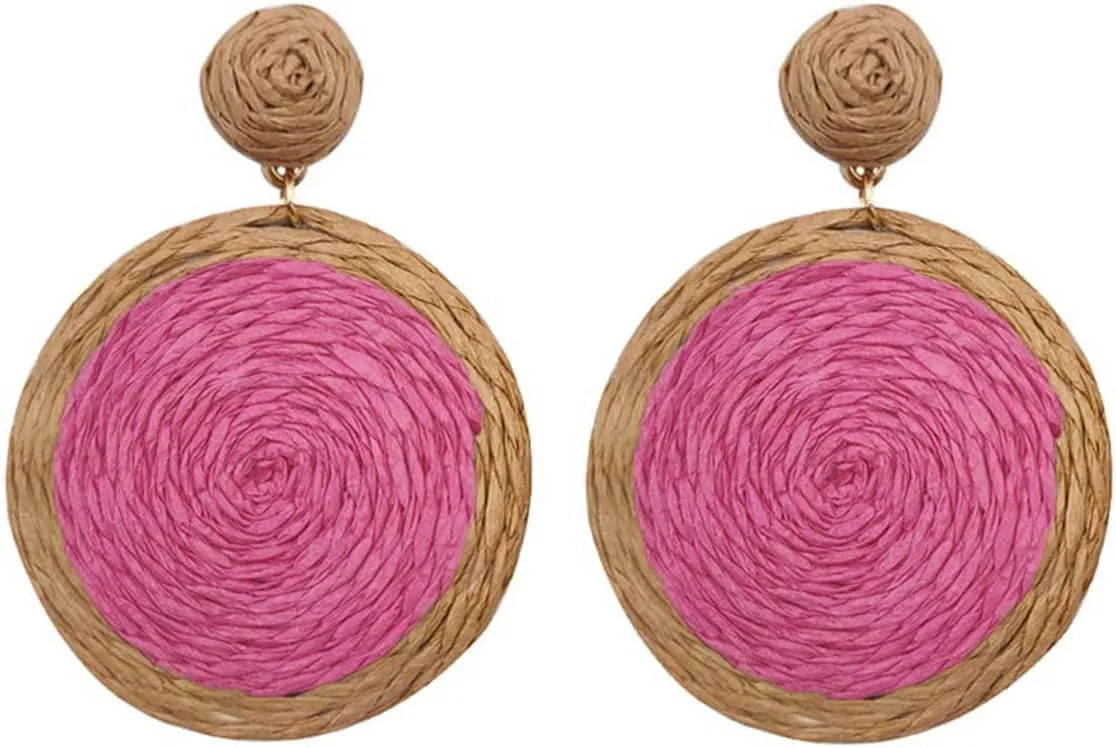 Bohemian Woven Straw Wicker Raffia Rattan Dangle Earrings Geometric Circle Round Statement Drop Earrings for Women Summer Beach Boho Jewelry