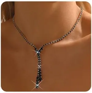 Boho Fashion Prom Shinny Black Rhinestones Choker Necklace Earrings Set Dainty Layered Sexy Body Chain Choker Necklace Luxury Black Halloween Christmas Necklace for Women