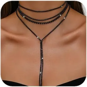 Boho Fashion Y Long Neckalce Prom Shinny Black Silver Rhinestones Choker Necklace Dainty Layered Sexy Choker Necklace Black Halloween Christmas Necklace for Women 4 Tier