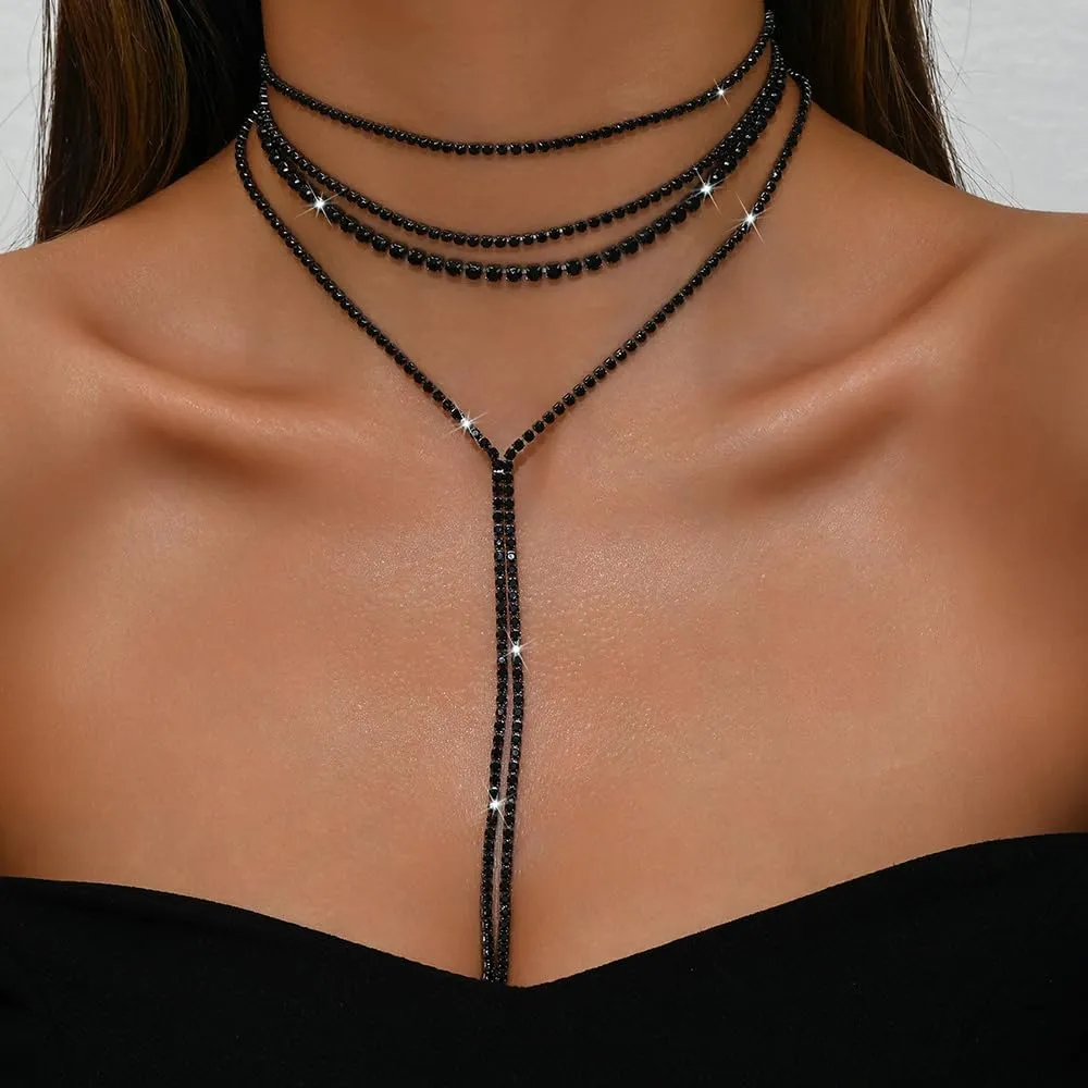 Boho Fashion Y Long Neckalce Prom Shinny Black Silver Rhinestones Choker Necklace Dainty Layered Sexy Choker Necklace Black Halloween Christmas Necklace for Women 4 Tier