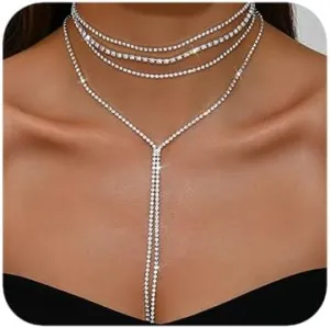 Boho Fashion Y Long Neckalce Prom Shinny Black Silver Rhinestones Choker Necklace Dainty Layered Sexy Choker Necklace Black Halloween Christmas Necklace for Women 4 Tier
