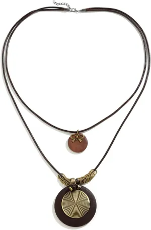 Boho Layered Cord Leather Pendant Necklace for Women Men, Vintage Wooden Spiral Coin Choker Necklace Trendy Long Sweater Bowknot Neck Jewelry Gifts