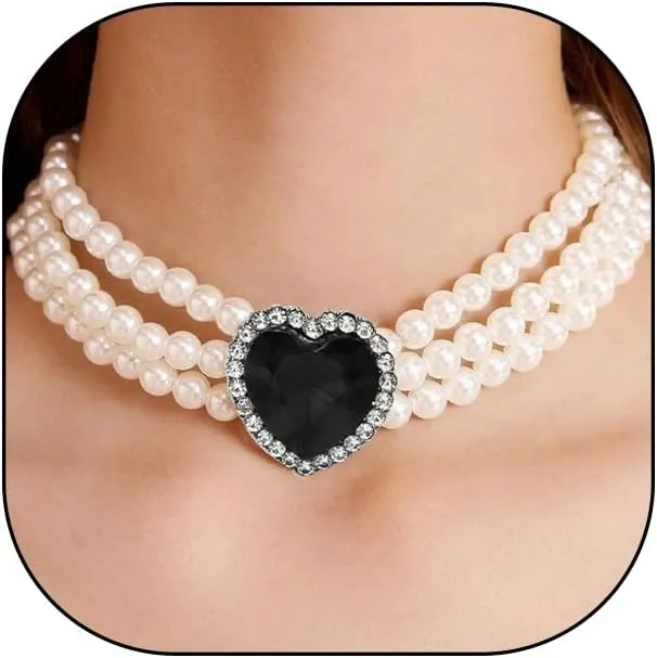 Boho Layered Heart Pearl Choker Necklace for Women Lover,Dainty Crystal Love Pearl Beaded Statement Necklace Trendy Adjustable Jewelry Gifts