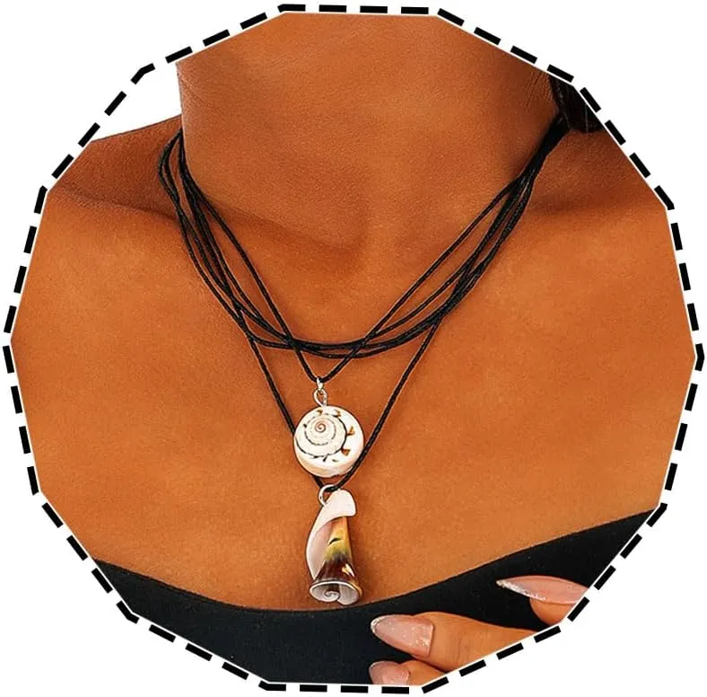 Boho Layered Necklace Conch Pendant Necklace Shell Choker Black Rope Necklace for Women