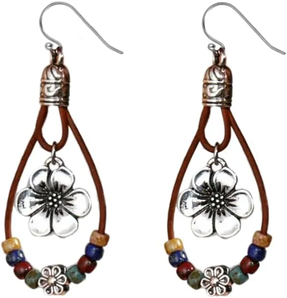 Boho Layered Pendant Necklace for Women Vintage Flower Dangle Earrings Ethnic Style Jewelry