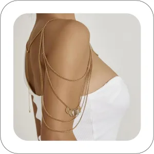 Boho Multi Layered Body Chain Tassel Choker Shoulder Necklace Statement Leaf Drop Body Arm Chain Ethnic Style Sexy Harness Body Chain Jewelry for Women