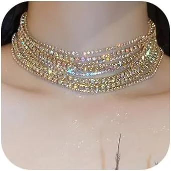 Boho Prom Big Shinny Caystals Rhinestones Choker Necklace Dainty Layered Sexy Choker Necklace for Women Dainty Choker Necklace Halloween Christmas Jewelry Gift for Women, Metal, crystals